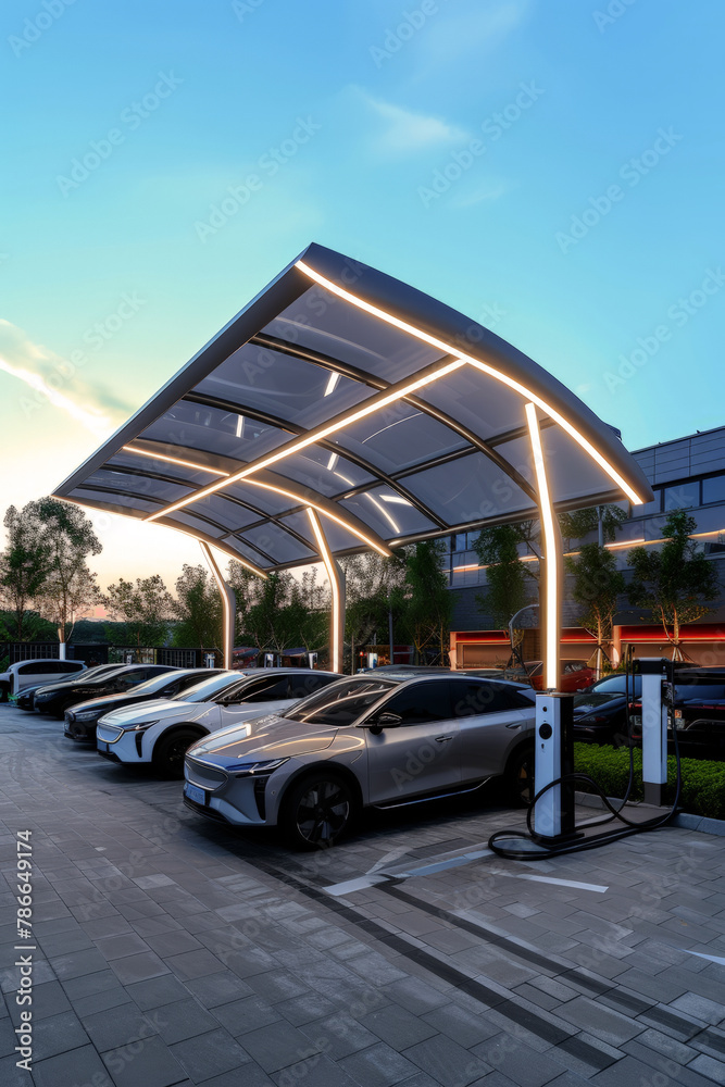 Modern electric cars charging under solar panel canopy Generative AI ...