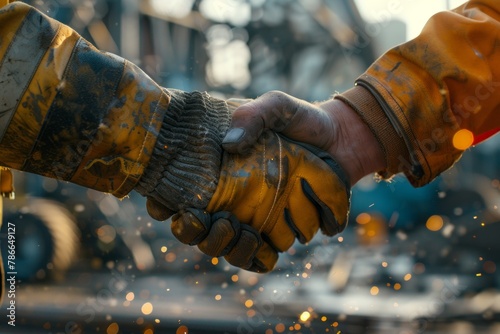 Two construction workers shaking hands with sparks flying, closeup shot of the handshake, focus on their leather gloves and steel frame in the background, in the style of professional photography