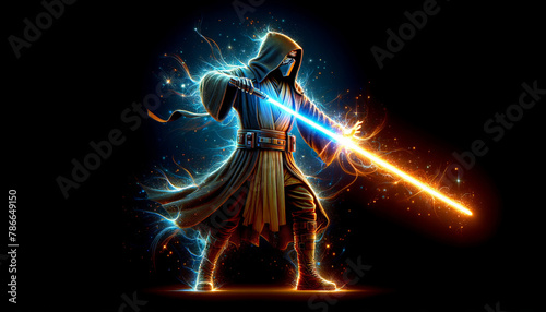 Futuristic warrior with glowing lightsaber against a dark backdrop, ideal for science fiction themes and May the 4th celebrations photo