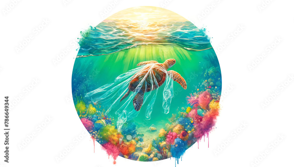 Colorful illustration of a sea turtle swimming above vibrant coral reef, symbolizing ocean life and World Oceans Day, suitable for environmental themes
