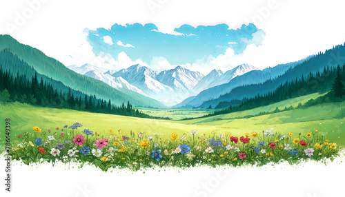 Idyllic spring mountain valley with vibrant wildflowers and a heart-shaped cloud, suitable for ecology, Earth Day, and romantic travel themes