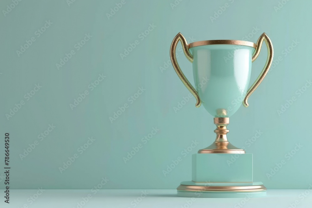Golden trophy, concept of achievement, prize and victory, light green background. - obrazy, fototapety, plakaty 