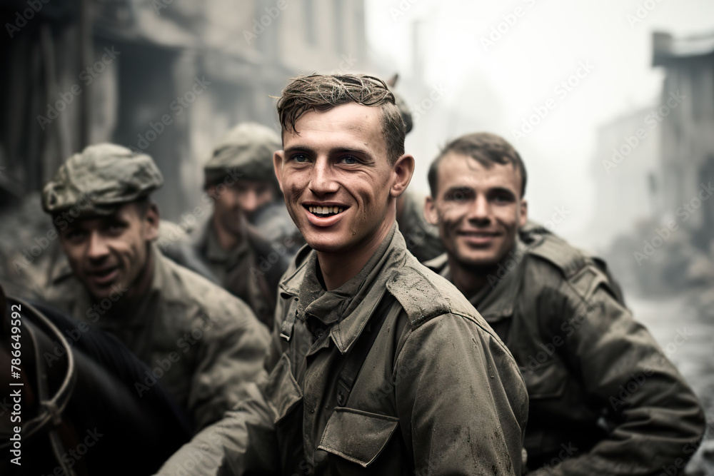 Smiling soldiers in a desolate urban backdrop Generative AI image Smiling soldiers in a desolate urban backdrop Generative AI image