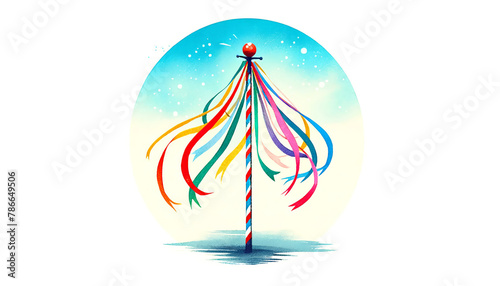 Colorful maypole with ribbons under a snowy sky, symbolizing traditional European May Day and Midsummer celebrations, with no people