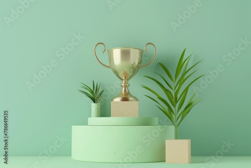 Golden trophy, concept of achievement, prize and victory, light green background.