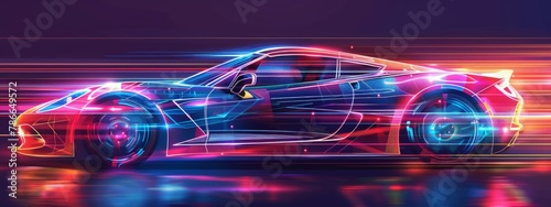 Modern futuristic digital sports car with Bright neon color background. AI generated image