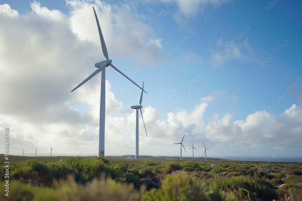 Field with wind turbines, concept of renewable energy, clean energy. Field with wind turbines, concept of renewable energy, clean energy.