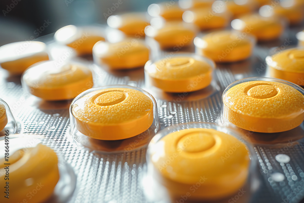 Close-up of orange pills in blister pack Generative AI image - obrazy, fototapety, plakaty 