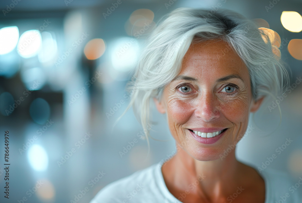 An uplifting portrait of a mature woman with silver hair, radiating happiness and confidence. Generative AI