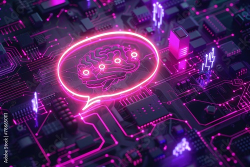 Chat bubble artificial brain on circuit board, technology concept, artificial intelligence.