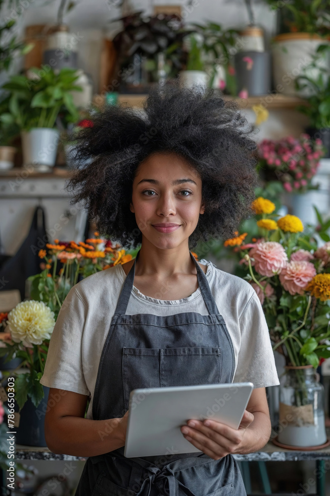 A poised black florist holds a digital tablet amidst vibrant flowers, showcasing a harmonious blend of nature and technology. Generative AI