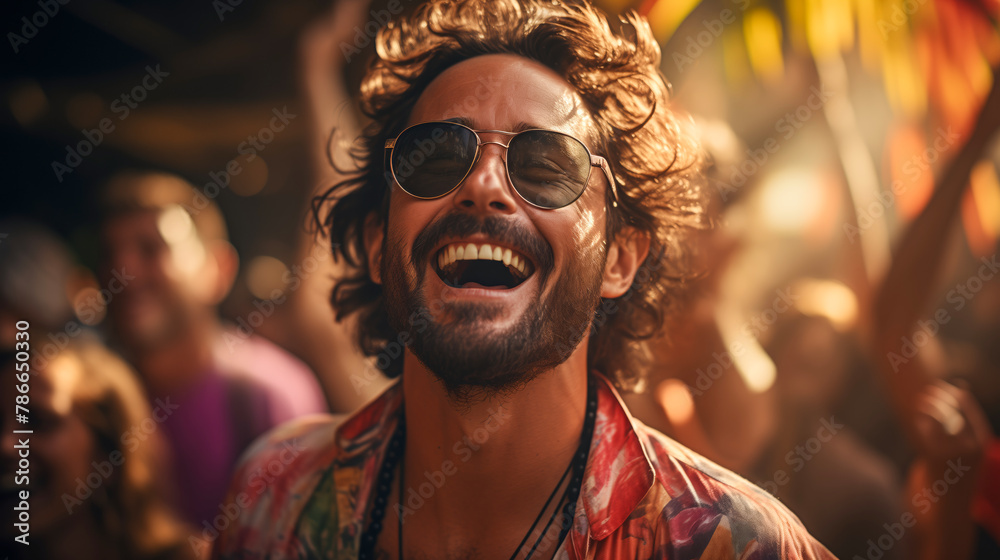 A man exuding happiness with a broad smile, sporting retro sunglasses at a vibrant outdoor festival, captured in a moment of pure joy. Generative AI A man exuding happiness with a broad smile, sporting retro sunglasses at a vibrant outdoor festival, captured in a moment of pure joy. Generative AI
