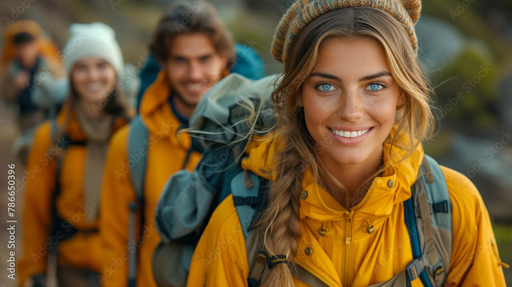 Smiling Female Hiker with Companions on Trail. Generative AI image Smiling Female Hiker with Companions on Trail. Generative AI image