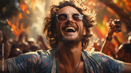 An exuberant man enjoys a vibrant festival atmosphere, expressing sheer joy with a broad smile. Generative AI