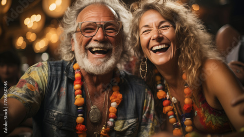 An elderly couple with a youthful spirit, sharing a hearty laugh at a festive gathering, adorned with colorful beads and boho fashion. Generative AI