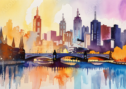 Melbourne Australia watercolor skyline illustration. Loose painting expressive abstract style, trees and buildings, water, golden glowing sunlight, natural color