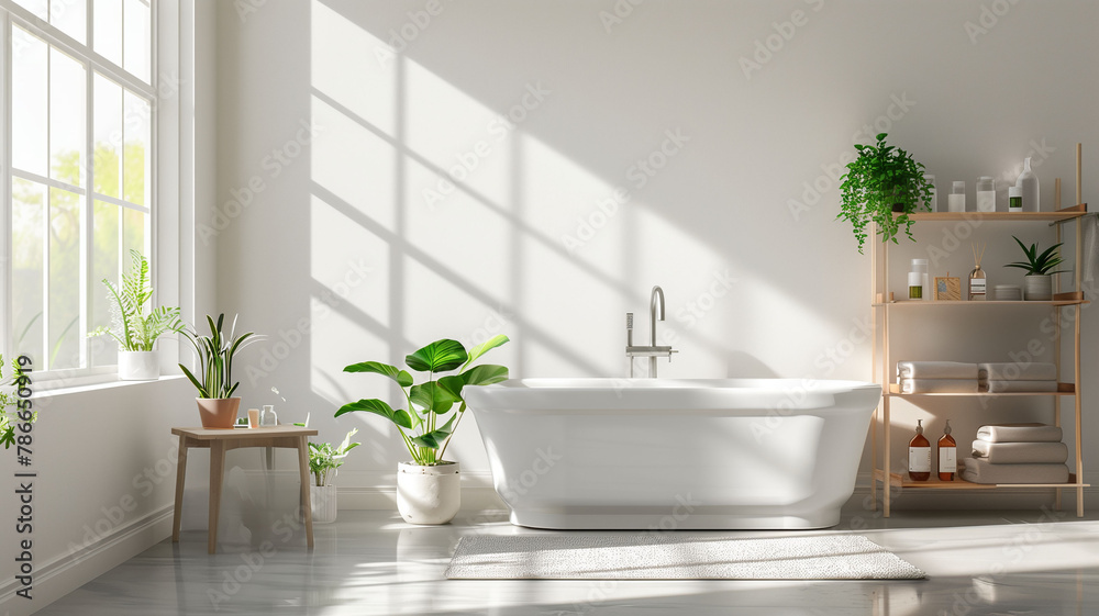 Modern spacious bathroom setting featuring a freestanding tub, big windowa and pots green plants. Modern bathroom interior design of light natural tones Modern spacious bathroom setting featuring a freestanding tub, big windowa and pots green plants. Modern bathroom interior design of light natural tones
