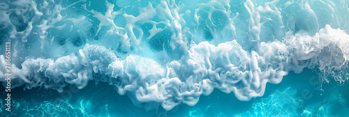 Abstract banner background of white foam on turquoise ocean wave. Summer vacation and travel concept.