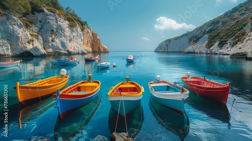 Colorful fishing boats anchored in a tranquil bay with rocky cliffs and clear blue waters