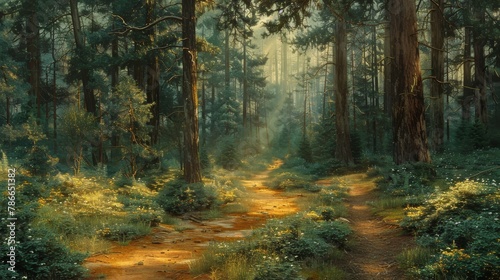 Tranquil forest trail lined by towering redwood trees, enveloped in a serene atmosphere
