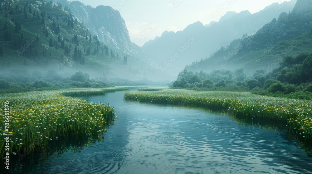 Serene river flowing through a lush, sunlit valley surrounded by steep cliffs - obrazy, fototapety, plakaty 