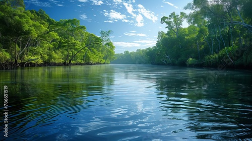 Serene mangrove forest river under a sunlit canopy  a peaceful nature escape