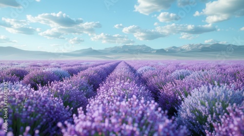 Expansive purple lavender field under a clear blue sky with distant mountains