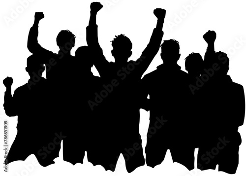 Silhouette of a group of men with their arms in the air celebrating