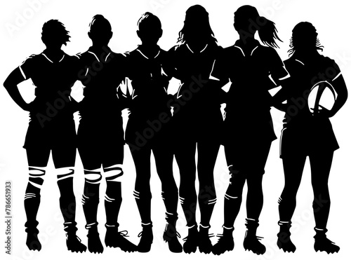 Silhouette of a women's rugby team standing as a group isolated 