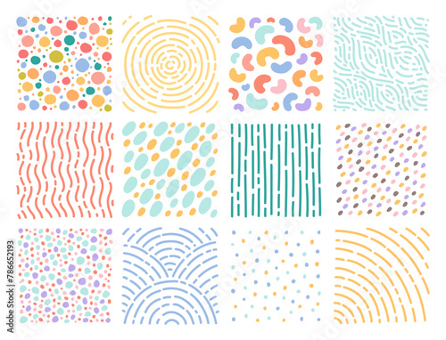 Hand drawn doodle textures. Cute spots and dashes, circular, linear patterns, trendy abstract elements, repeated strokes, dots, childish textile and clothes decor. Backgrounds vector set