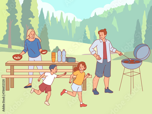 Family barbecue party. Parents cook meat on grill, children play outdoors, lunch in nature, happy people actively relaxing, leisure outdoor together, cartoon flat style vector concept