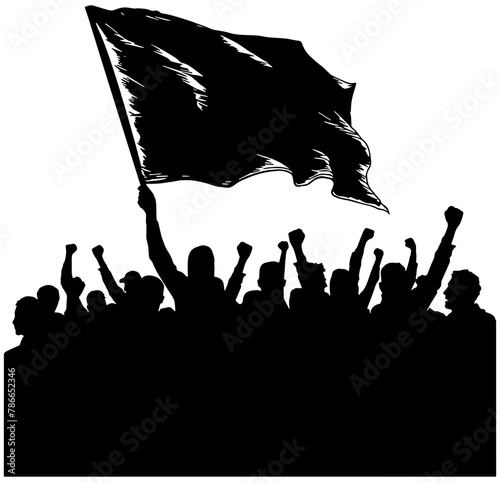 silhouette of a crowd of people waiving a flag 