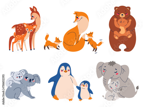 Cute animal moms and babies. Cartoon funny mothers and children, fauna characters, parent with kids, lovely zoo families, little deer, fox and bear, exotic koala, penguin and elephant vector set