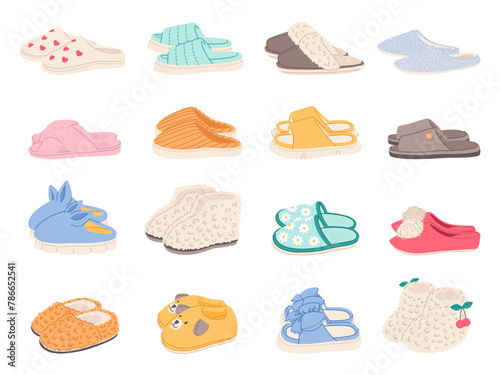 Cartoon house colorful slippers. Female and male indoor shoes, cozy flip flops, warm home footwear, cute animal muzzles decor, funny soft boots, cartoon flat isolated illustration, vector set