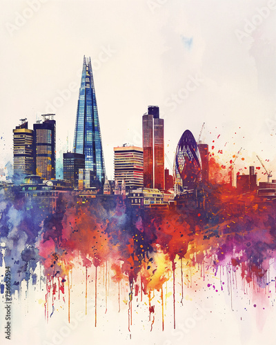 Modern London skyline illustration, city buildings and iconic landmarks like Big Ben tower, The Gherkin, The Shard, Tower Bridge, Westminster photo