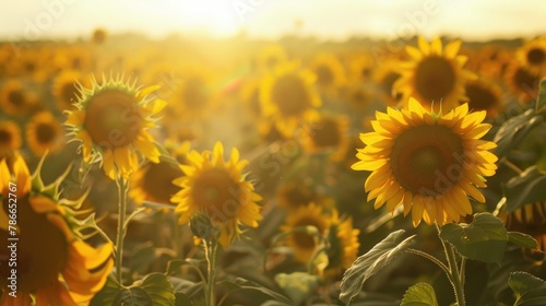 Sunflowers in a sunflower field under the bright sun