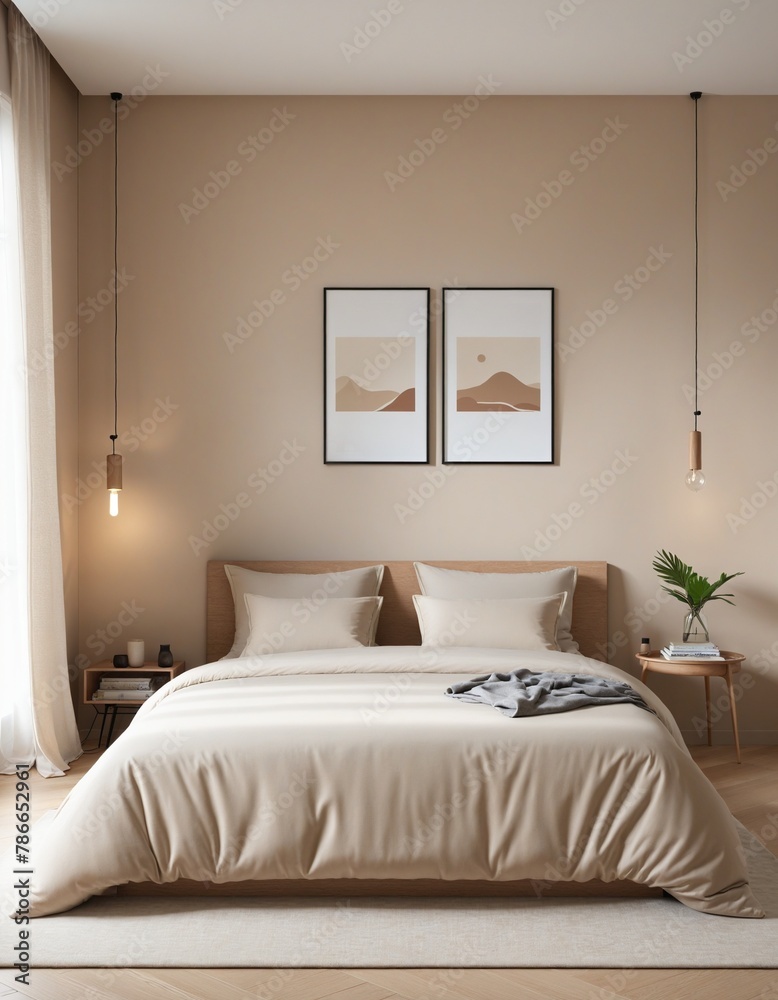 Cozy beige  bedroom interior in Bright Colours 