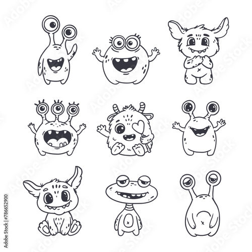 set of cartoon monsters. Cute monsters in doodle style. Kids funny character design for posters, cards, magazins. Line. Vector illustration