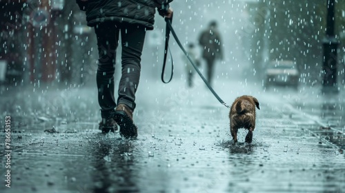 A person walking a dog in the rain on a city street. The dog wears a blue sweater and a leash, the person in a black jacket and jeans. Street glistens with rain, colorful umbrellas dot the background.