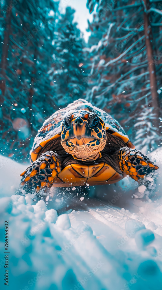 Obraz premium Skiing Turtle in a Winter Wonderland. Turtle on the Trails