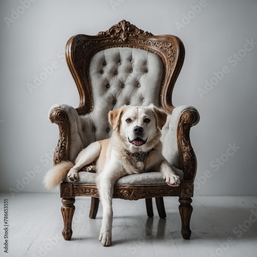 A dog sits on a king's chair with a white background