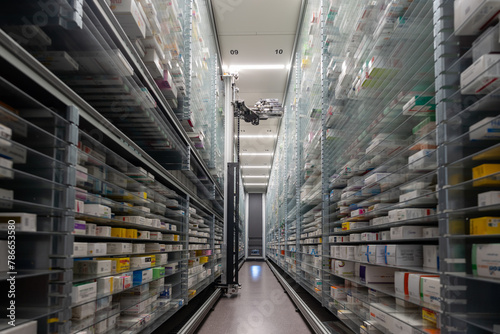 A pharmacy storage room and a robot hand are arranging and store out drugs in a pharmacy. photo