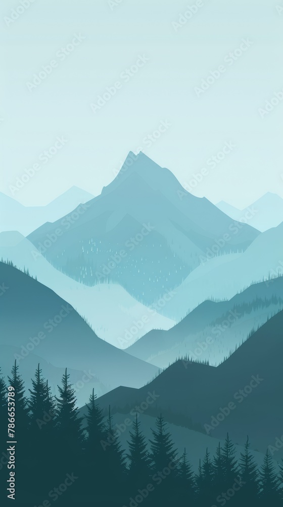 Serene mountain landscape illustration with misty layers. Peaceful nature scene design for wall art and poster.