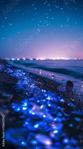 Shimmering bioluminescence on beach with city lights.