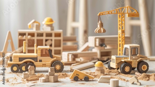 Assortment of wooden toy construction vehicles and crane at a miniature site on a beige carpet.