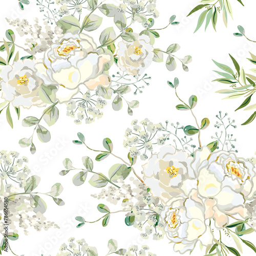 Rose flowers, green leaves, white background. Floral illustration. Vector seamless pattern. Botanical design. Nature garden plants. Summer bouquets. Romantic wedding
