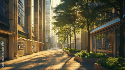 A green belt runs beside a pedestrian street, with convenience stores at the base of tall office buildings, highlighted by morning sunlight creating soft shadows. , natural light,