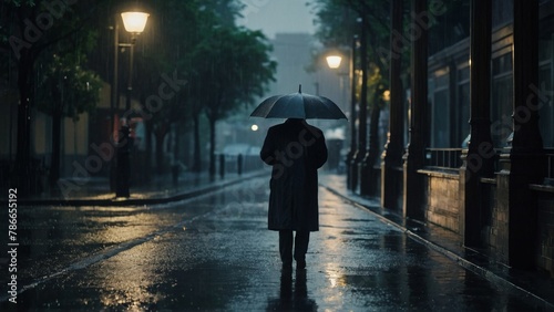 A man walks under an umbrella in the evening