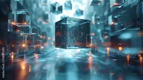 Ethereal 3D rendering of a levitating cube structure amid a misty, glow-sparkled ambiance