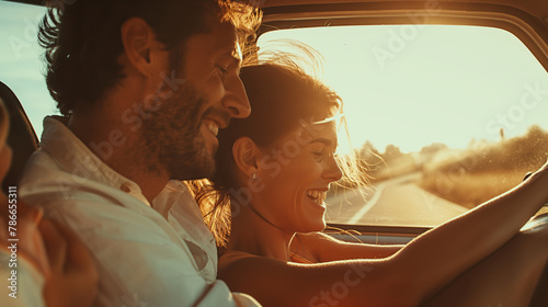 A close-up of a joyful family on a road trip, with kids in the backseat playing and parents smiling at each other, the soft morning light casting gentle shadows across their faces.